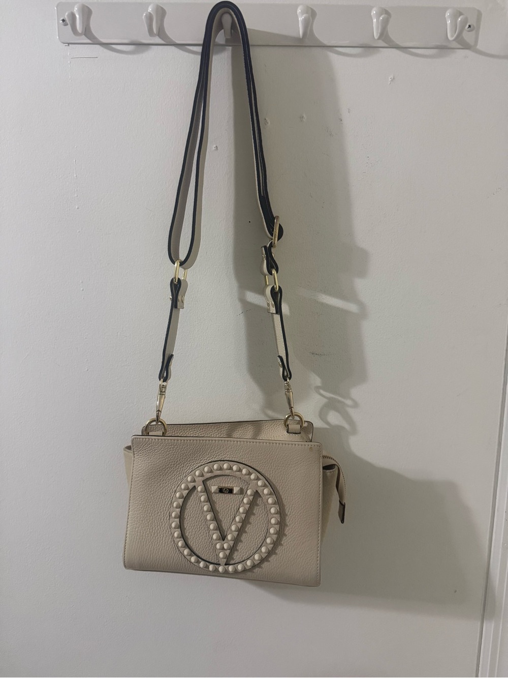 Valentino Beige Pebbled Leather Crossbody with Studded V Emblem